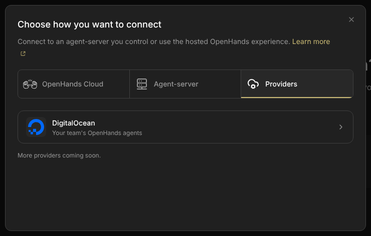 Add Backend dialog, Providers tab, with a DigitalOcean card reading Your team's OpenHands agents