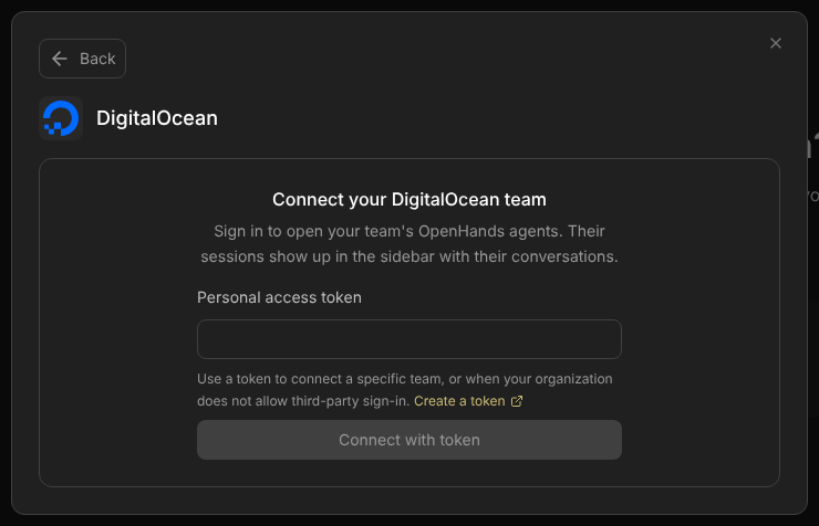 Connect your DigitalOcean team, with only a personal access token field and a Connect with token button