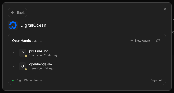 Signed in: two OpenHands agents, pr18604-live and openhands-do, with a footer reading DigitalOcean token and Sign out