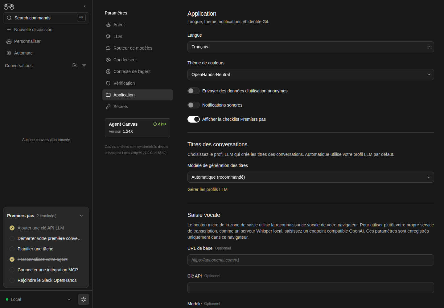 Agent Canvas Application settings after switching the interface to French in a real verification run.