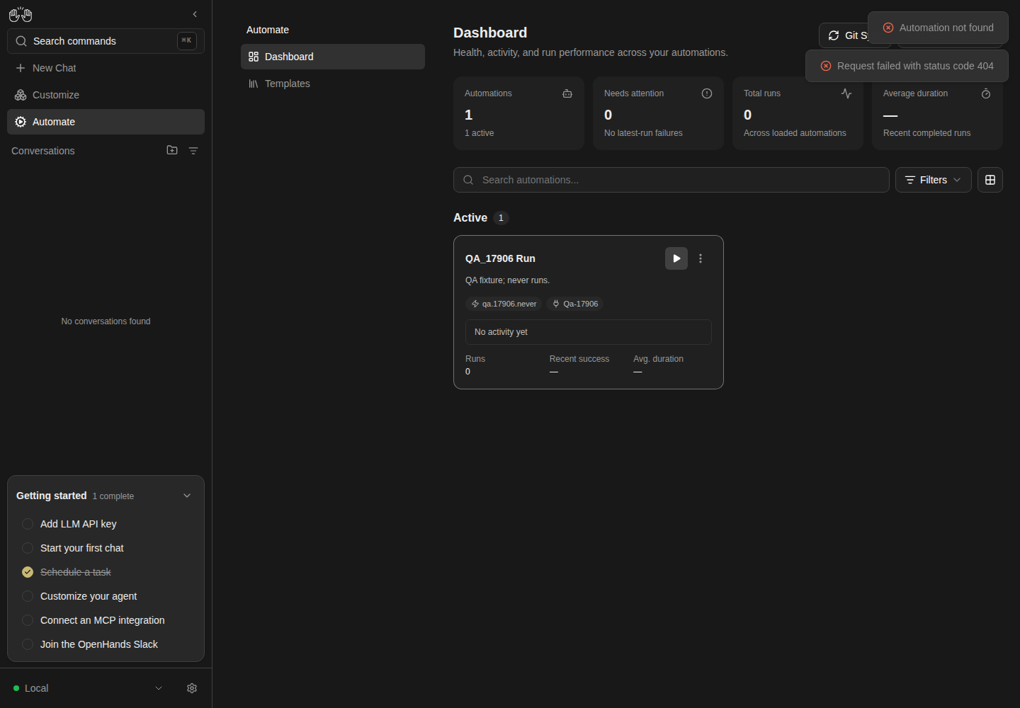 Before the fix: an automation Run now failure displays two error toasts in the bottom-right corner.